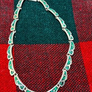 Taxco Vintage 925 Sterling Silver Crushed Turquoise Inlay Greek Key Necklace